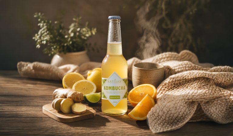 A bottle of Artisan Lemon and Lime Kombucha on a cozy wooden table surrounded by fresh ginger root, cut lemons, oranges, and a steaming mug for winter immune health.