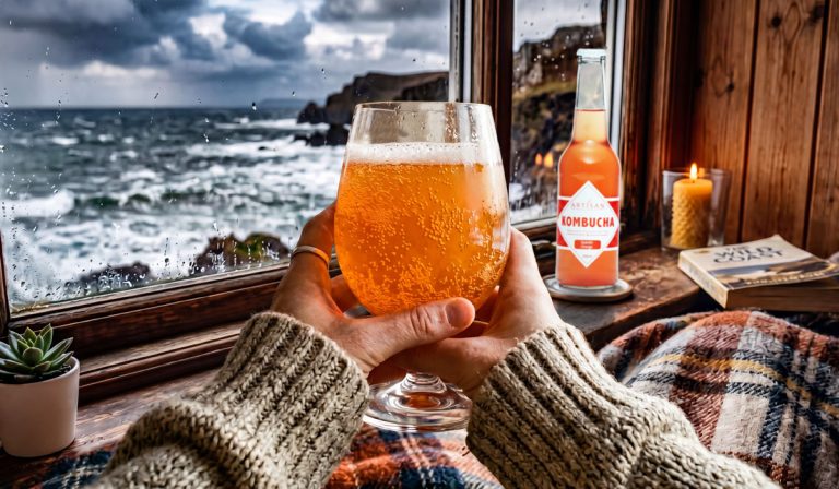 A person wearing a cozy knit jersey holding a winter kombucha mocktail for gut health winter blues, looking out a rainy cabin window at a stormy ocean.