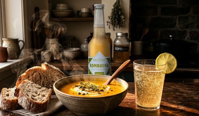 A steaming bowl of butternut soup with a wooden spoon, sitting in front of a bottle of Lemon and Lime Artisan Kombucha.