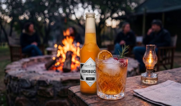 Artisan kombucha bottle next to a fire for a cozy winter wellness reset braai.