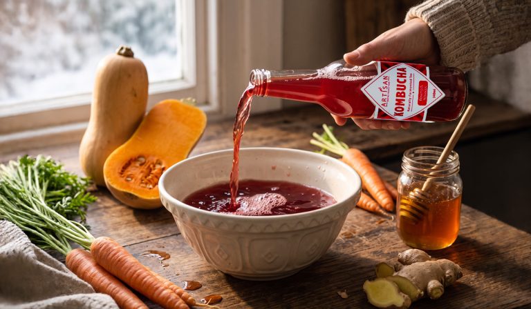 Cooking with kombucha showing a hand pouring a bottle of Rosehip and Hibiscus Artisan Kombucha into a ceramic mixing bowl next to raw butternut, carrots, ginger root, and a honey jar.